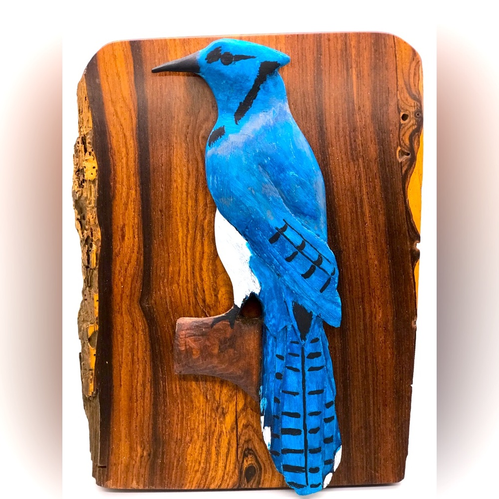Bluejay 3D Painted Hand carved mounted Slab of Nice Smooth Wood￼ Mahogany